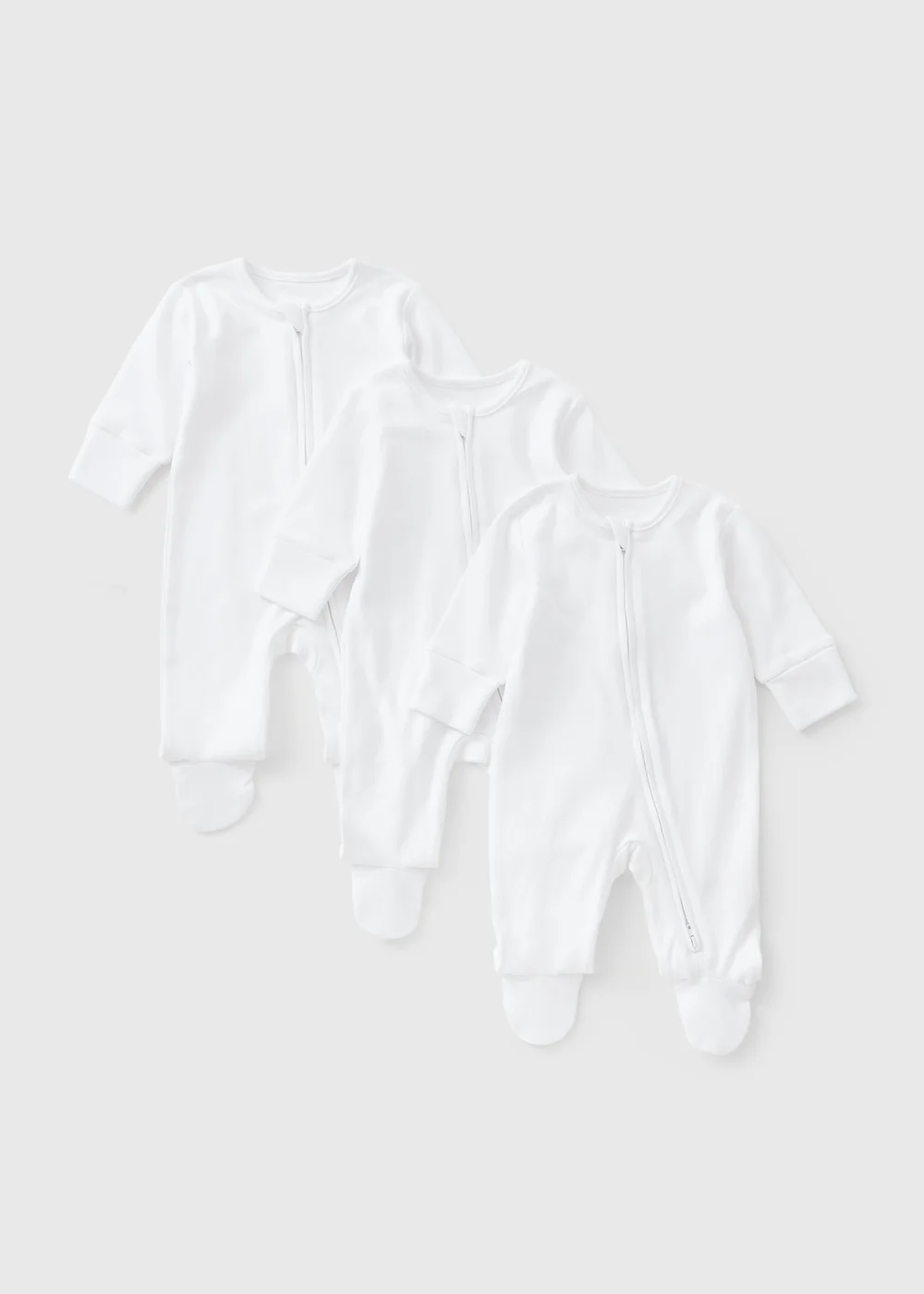 3 Pack Baby White Plain Zip Up Sleepsuits (0-23mths) - 6-9 months Image 1