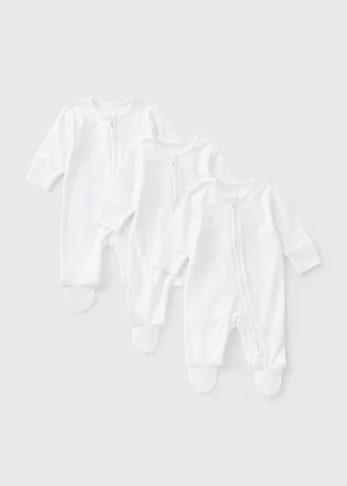 3 Pack Baby White Plain Zip Up Sleepsuits (0-23mths) - 6-9 months Image 1