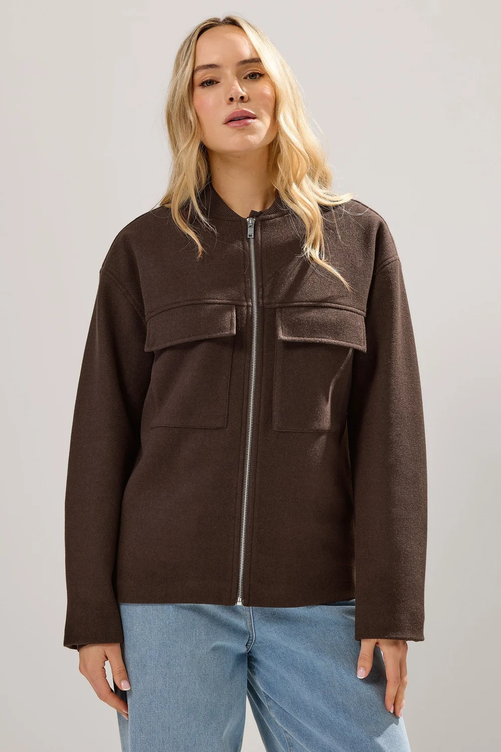 Long Tall Sally Chocolate Brown Brushed Pocket Bomber Jacket - 20 Image 2