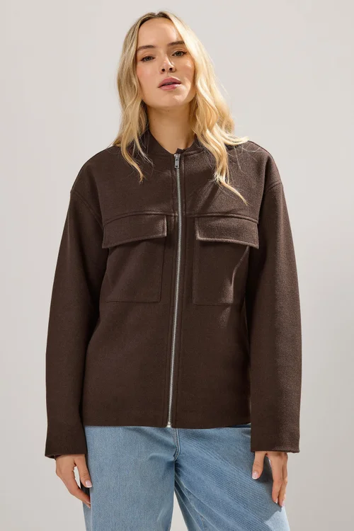 Long Tall Sally Chocolate Brown Brushed Pocket Bomber Jacket - 20 Image 2