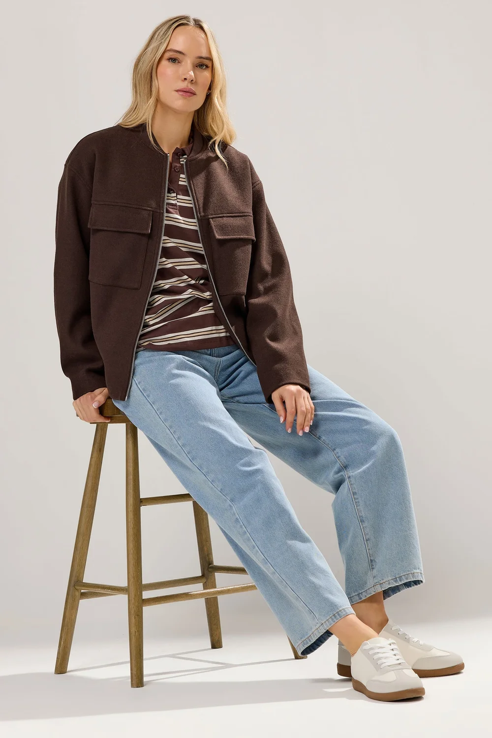 Long Tall Sally Chocolate Brown Brushed Pocket Bomber Jacket - 20 Image 3