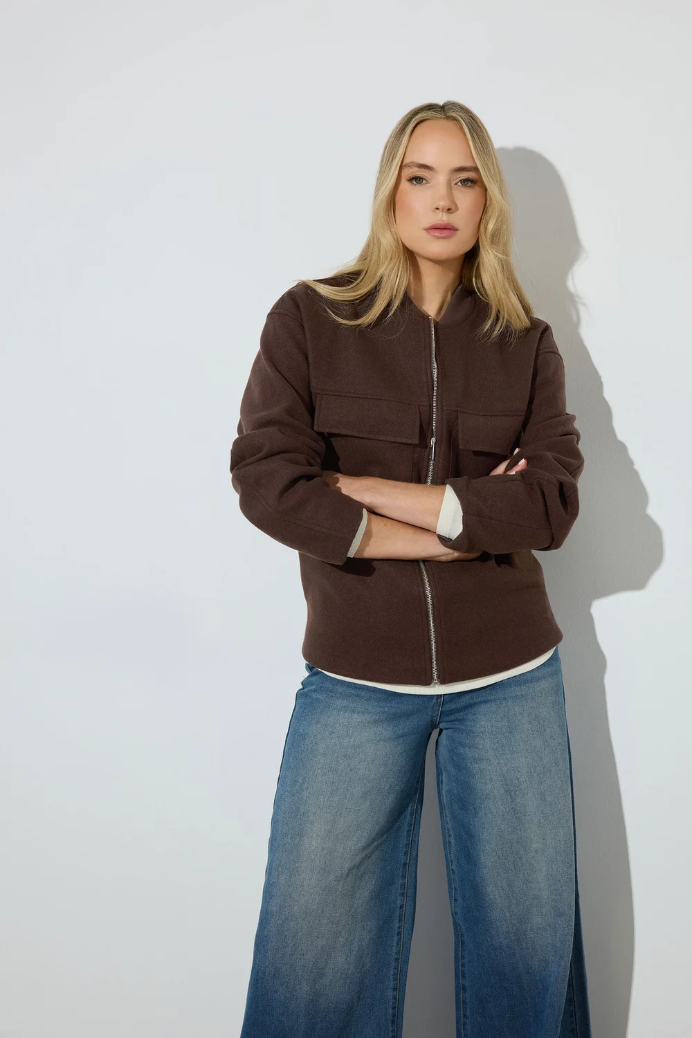 Long Tall Sally Chocolate Brown Brushed Pocket Bomber Jacket - 20 Image 1