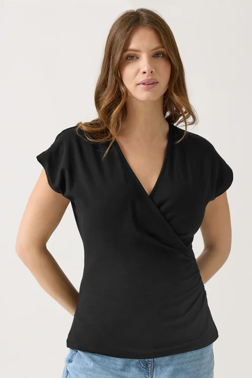 M&Co Black Short Sleeve Wrap Top - 26-28 Image 1