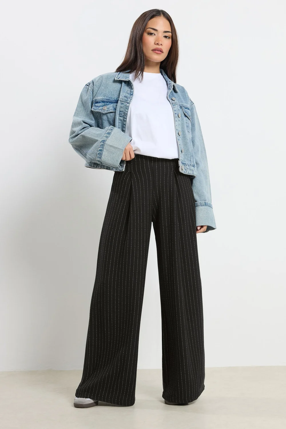 PixieGirl Petite Black Pinstripe Palazzo Wide Leg Trousers - Size 18 Image 1
