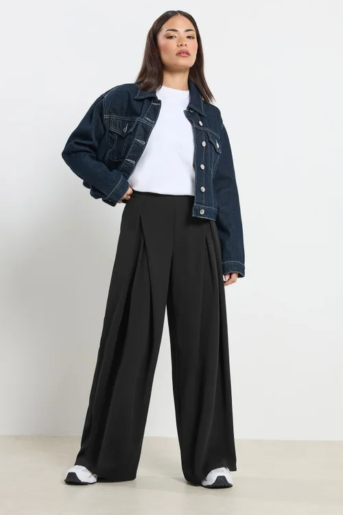 PixieGirl Petite Black Wrap Pleated Wide Leg Trousers - 12 Image 1