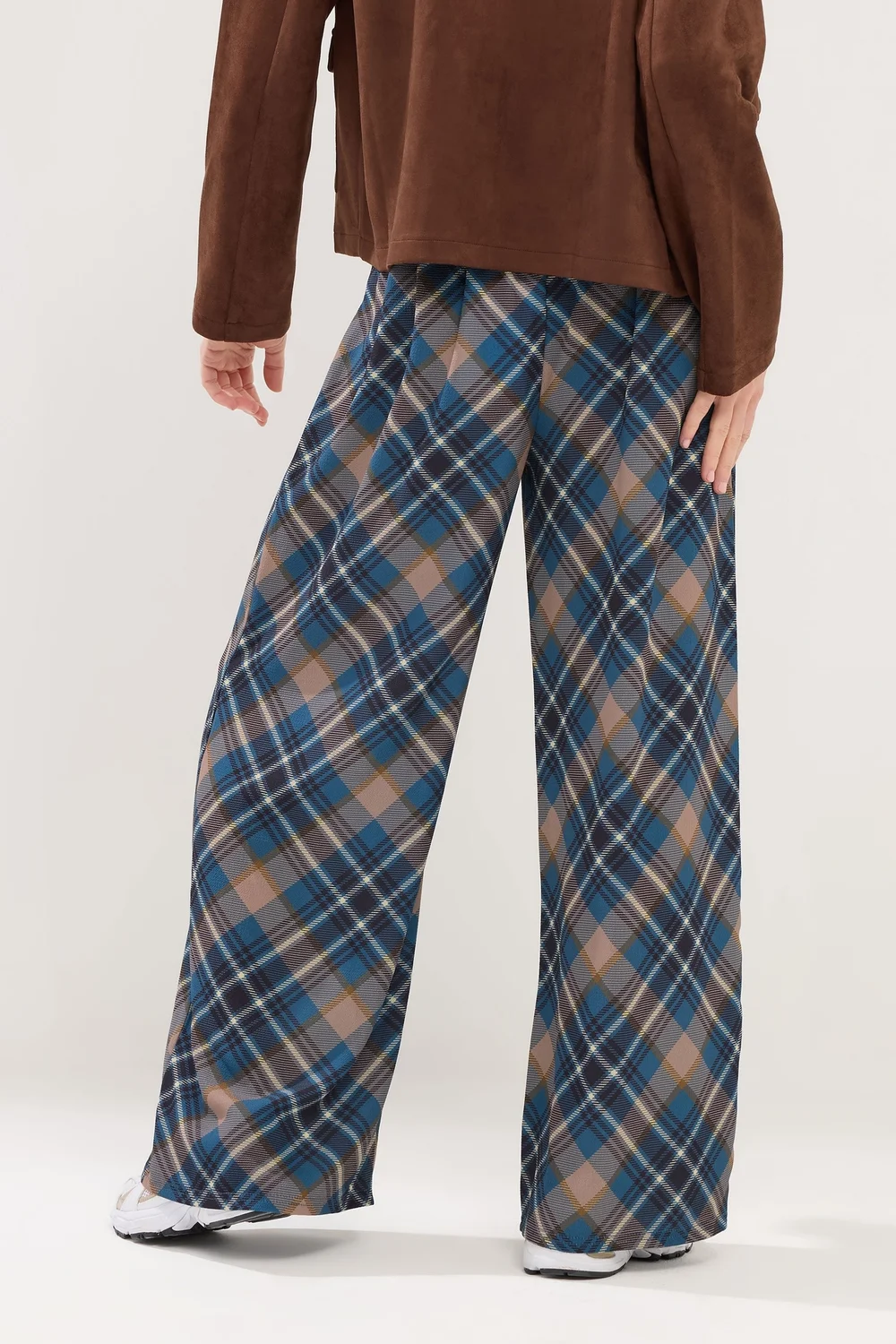 PixieGirl Petite Navy Blue Check Wide Leg Trousers - Size 12, Leg 27 Image 3