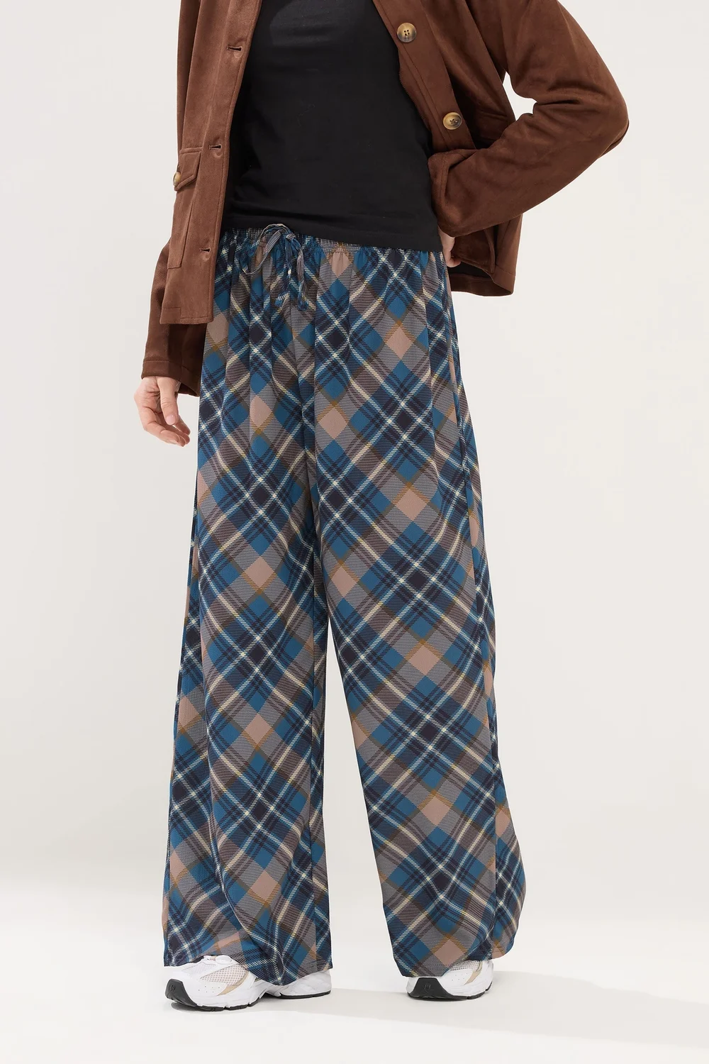 PixieGirl Petite Navy Blue Check Wide Leg Trousers - Size 12, Leg 27 Image 2