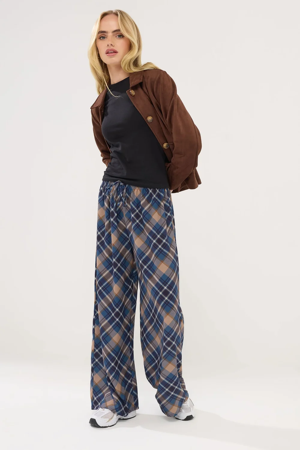 PixieGirl Petite Navy Blue Check Wide Leg Trousers - Size 12, Leg 27 Image 1