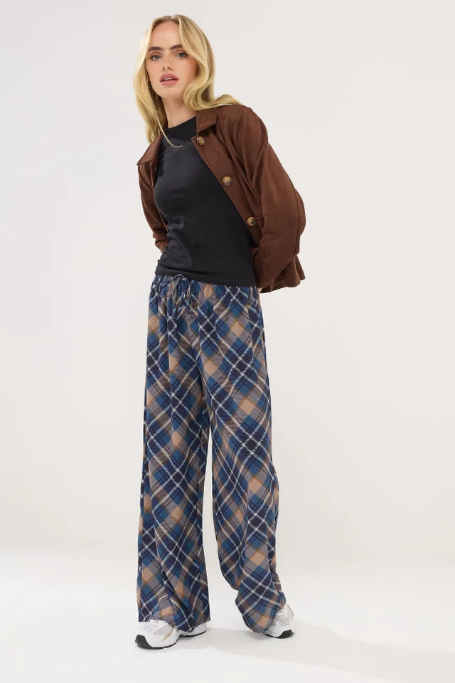 PixieGirl Petite Navy Blue Check Wide Leg Trousers