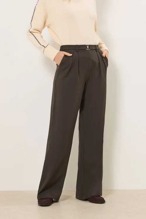 Long Tall Sally Chocolate Brown Buckle Wide Leg Trousers - 12/L36 Image 2