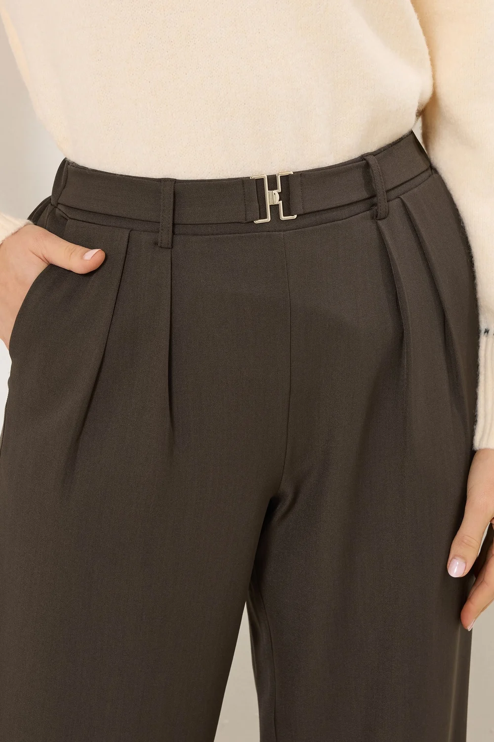 Long Tall Sally Chocolate Brown Buckle Wide Leg Trousers - 12/L36 Image 4