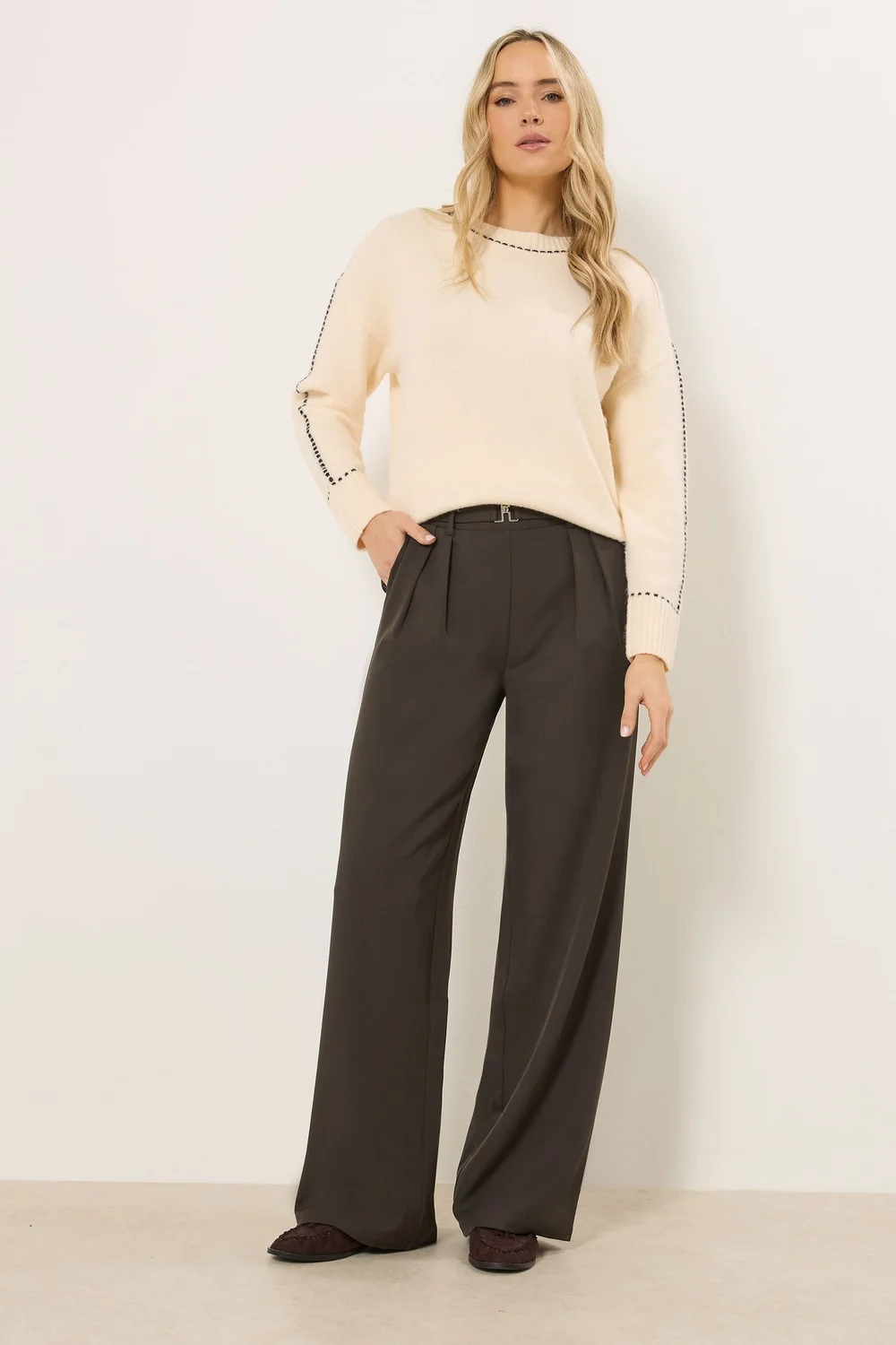 Long Tall Sally Chocolate Brown Buckle Wide Leg Trousers - 12/L36 Image 1