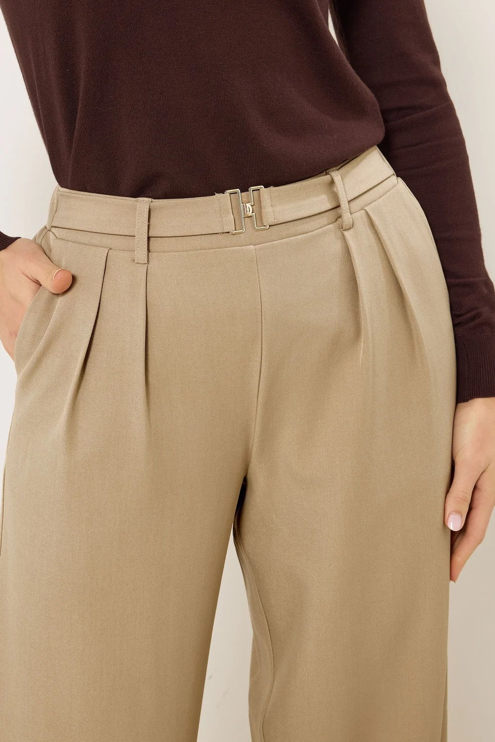 Long Tall Sally Natural Brown Buckle Wide Leg Trousers - Size 14, Leg 36 Image 4