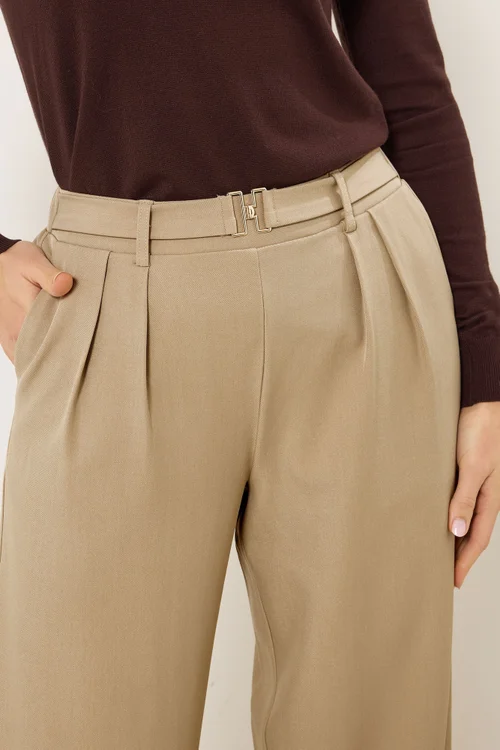 Long Tall Sally Natural Brown Buckle Wide Leg Trousers - Size 14, Leg 36 Image 4