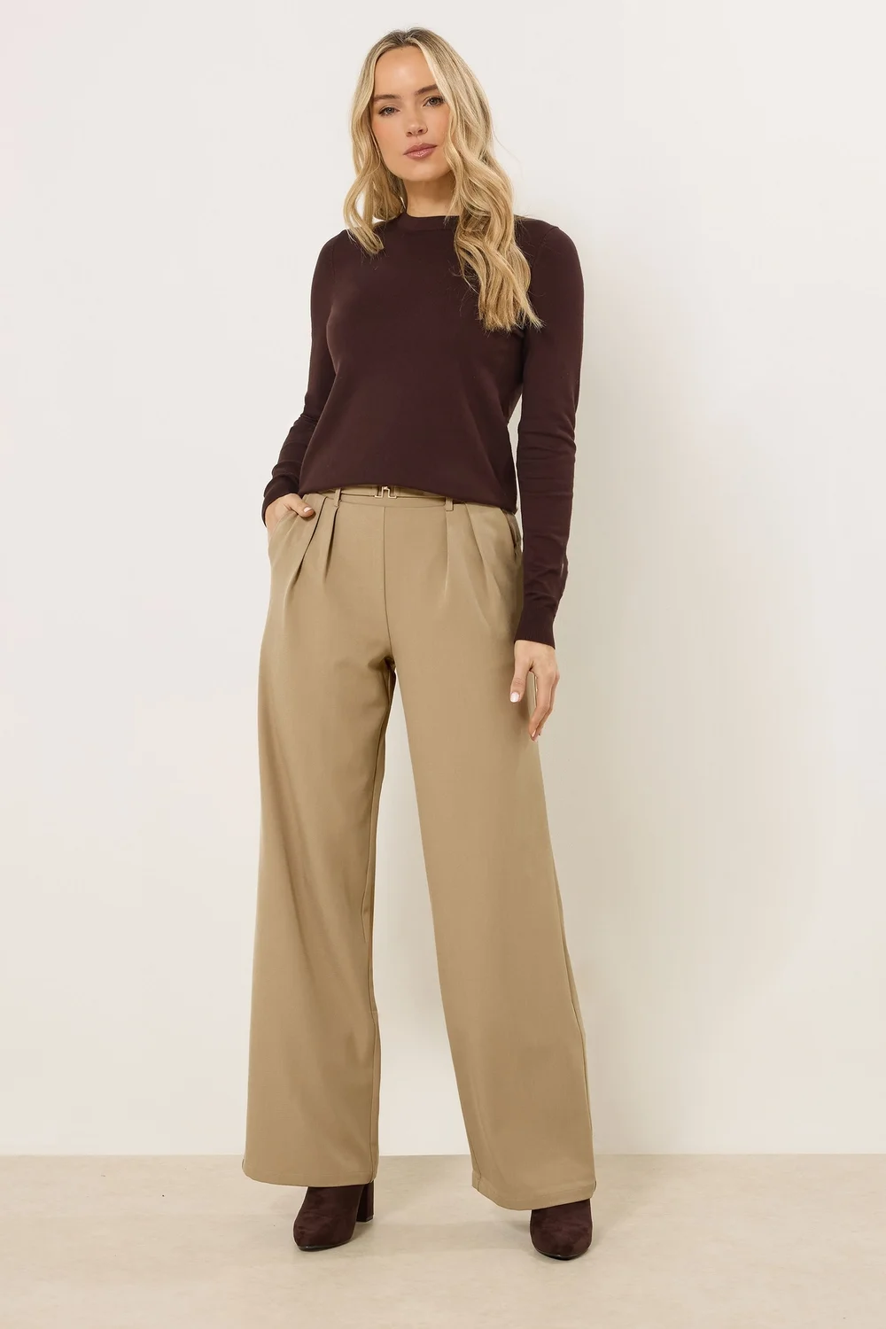 Long Tall Sally Natural Brown Buckle Wide Leg Trousers - Size 14, Leg 36 Image 1