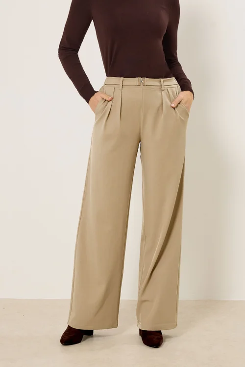 Long Tall Sally Natural Brown Buckle Wide Leg Trousers - Size 14, Leg 36 Image 2
