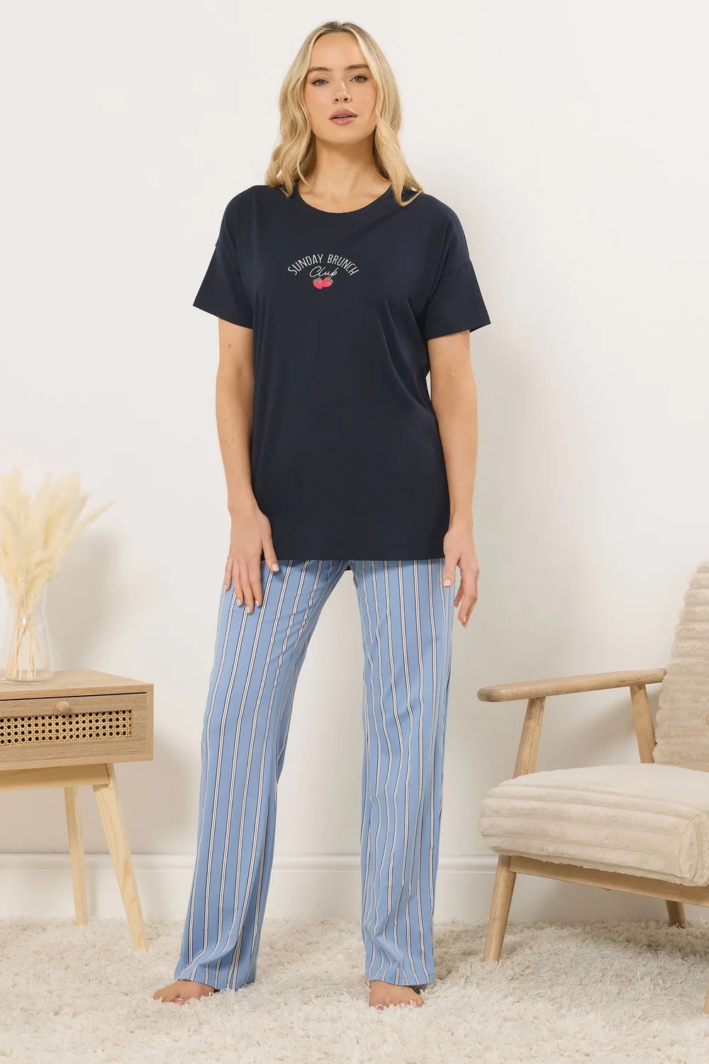 Long Tall Sally Navy Blue 'Sunday Brunch' Slogan Striped Pyjama Set - Size 22-24 Image 2