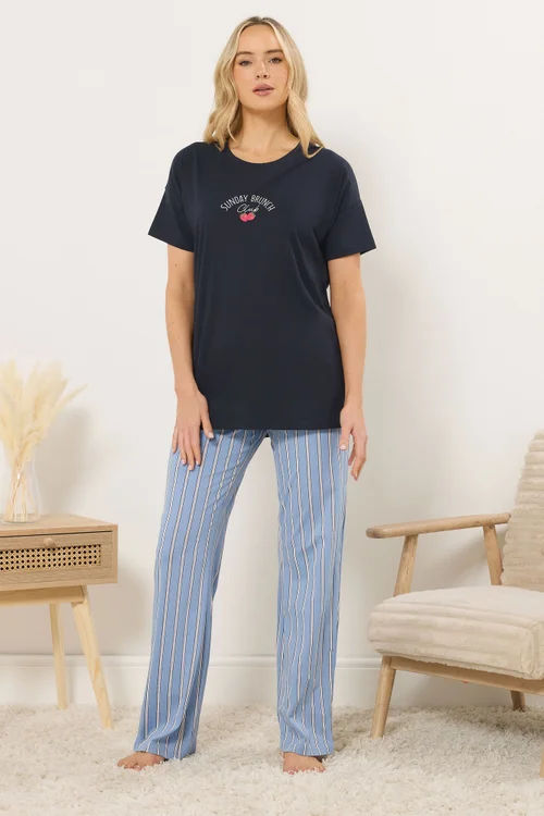 Long Tall Sally Navy Blue 'Sunday Brunch' Slogan Striped Pyjama Set - Size 22-24 Image 2