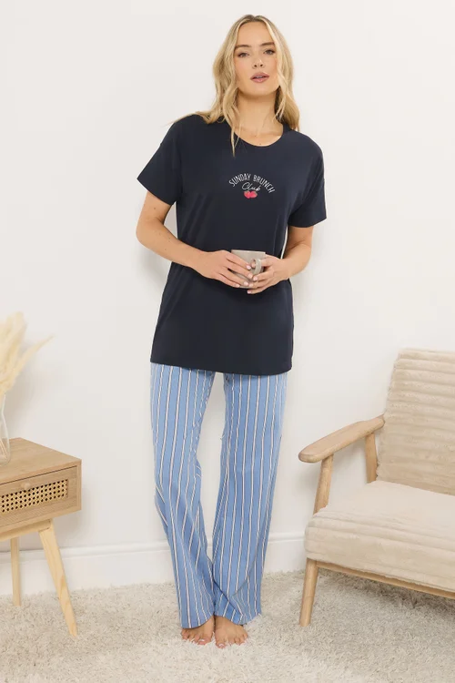 Long Tall Sally Navy Blue 'Sunday Brunch' Slogan Striped Pyjama Set - Size 22-24 Image 3