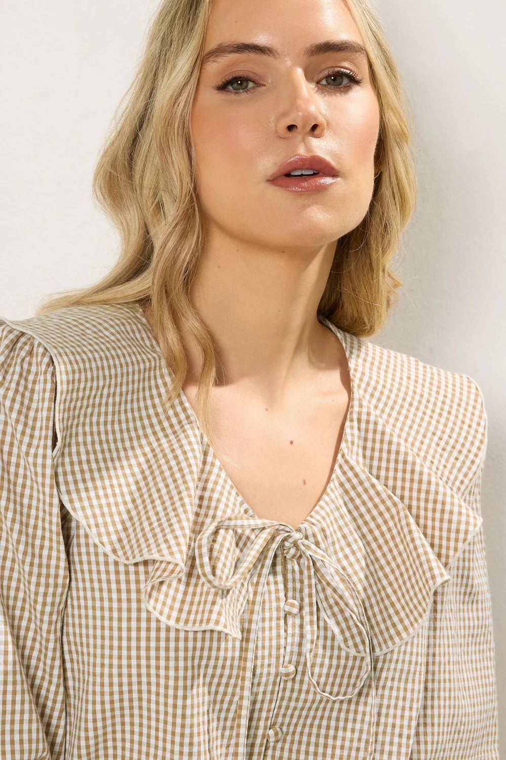 Long Tall Sally Brown Cotton Gingham Check Collar Shirt - 16 Image 5