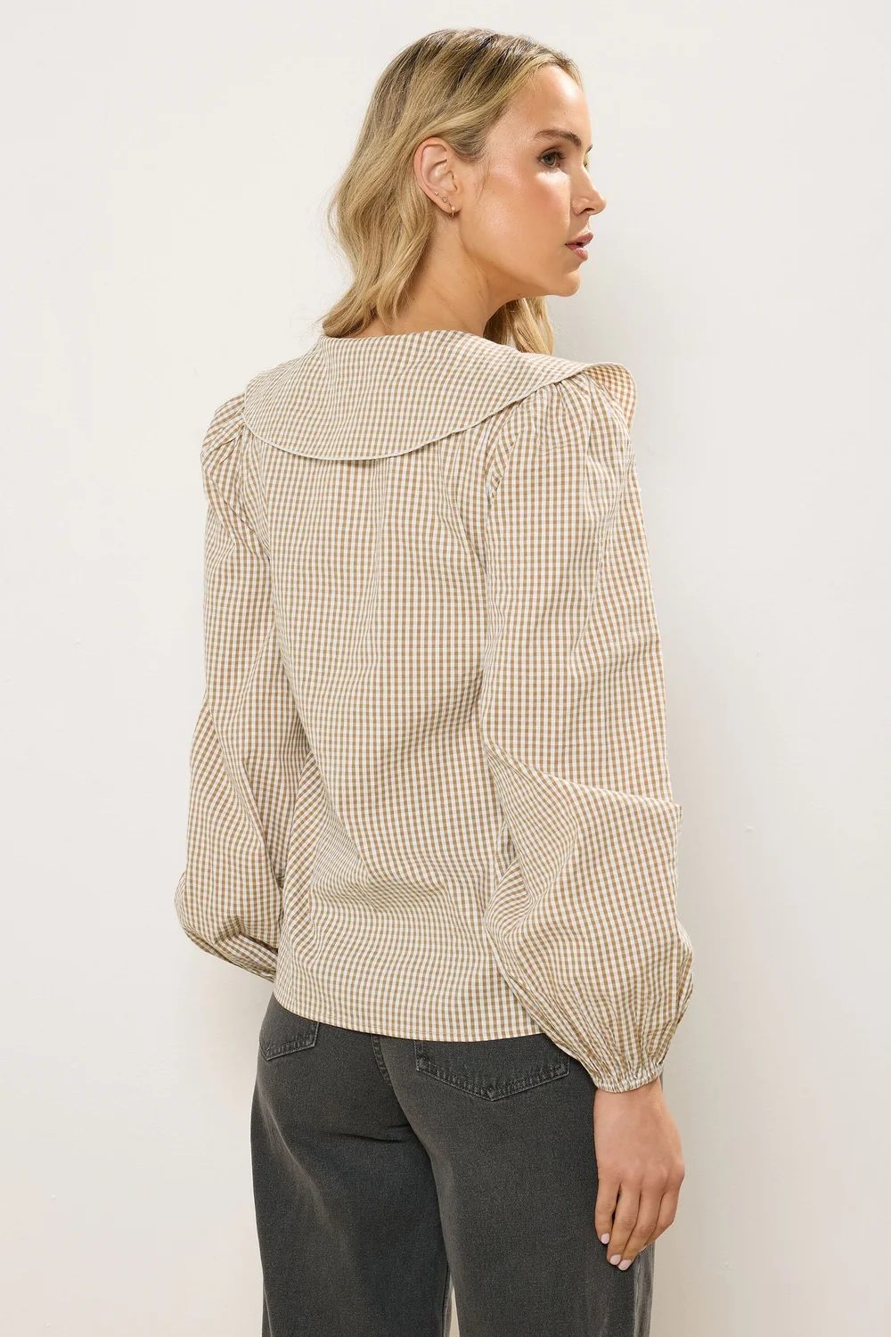 Long Tall Sally Brown Cotton Gingham Check Collar Shirt - 16 Image 4