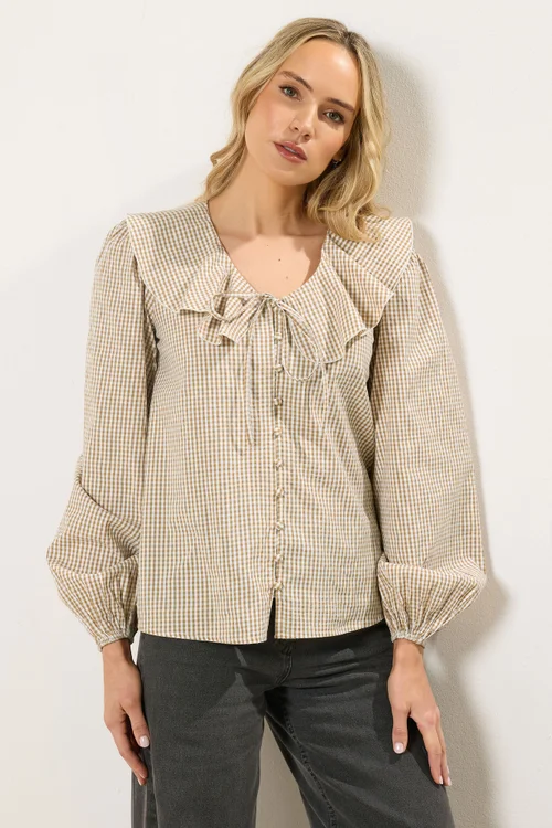 Long Tall Sally Brown Cotton Gingham Check Collar Shirt - 16 Image 2