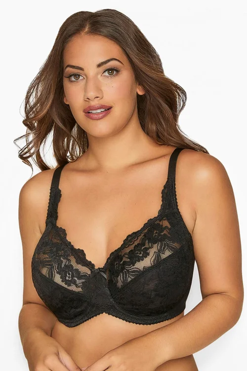 Yours Curve Black Stretch Lace Non-Padded Underwired Balcony Bra - 48E Image 1
