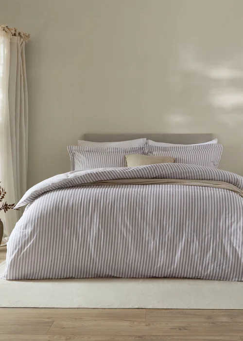 Yard Hebden Melange Stripe 100% Cotton Mauve Duvet Cover Set - Single Image 1