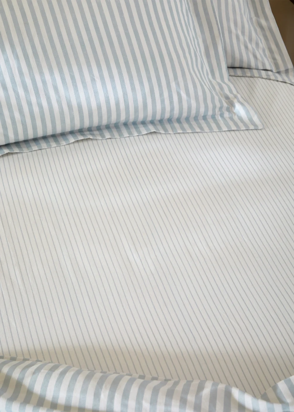 Yard Hebden 100% Cotton Narrow Stripe Mineral Blue Fitted Sheet - King Image 1