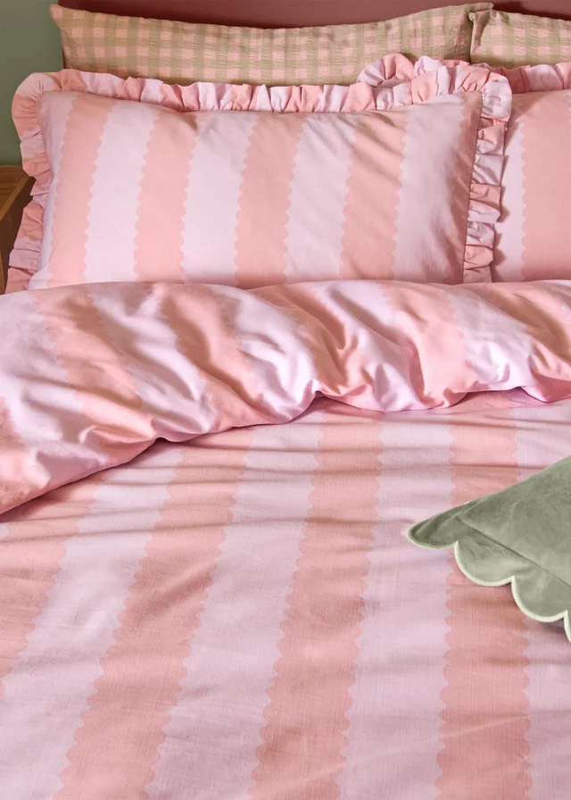 Wylder Nature Birdie Stripe Ruffle Pink Duvet Cover Set