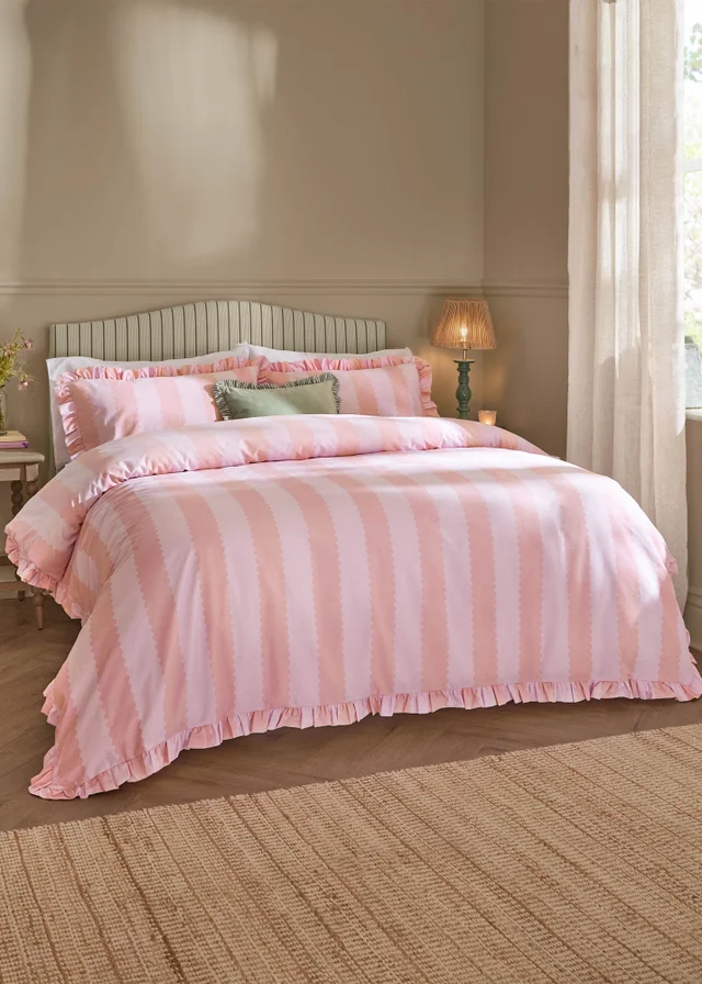 Wylder Nature Birdie Stripe Ruffle Pink Duvet Cover Set