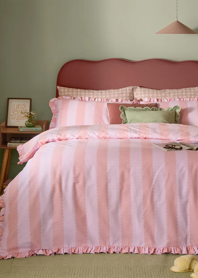 Wylder Nature Birdie Stripe Ruffle Pink Duvet Cover Set
