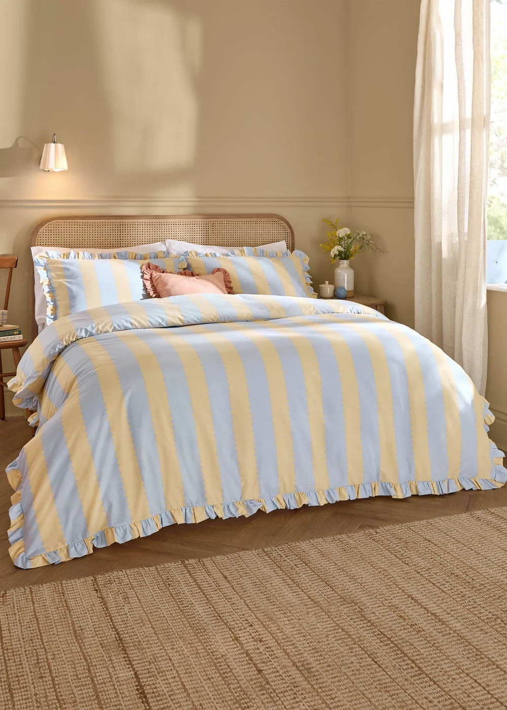 Wylder Nature Birdie Stripe Ruffle Lemon Duvet Cover Set - Double Image 1