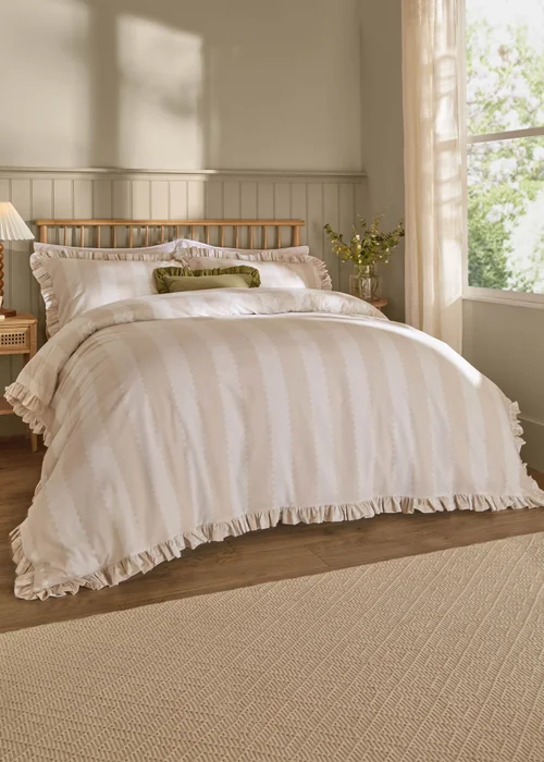Wylder Nature Birdie Stripe Ruffle Natural Duvet Cover Set - Single Image 1