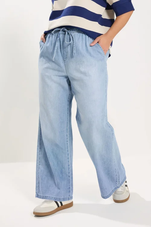 Yours Curve Light Blue Drawstring Wide Leg Jeans - 18/L30 Image 2