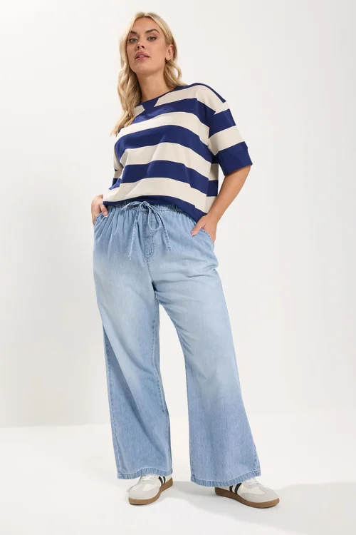 Yours Curve Light Blue Drawstring Wide Leg Jeans - 18/L30 Image 1