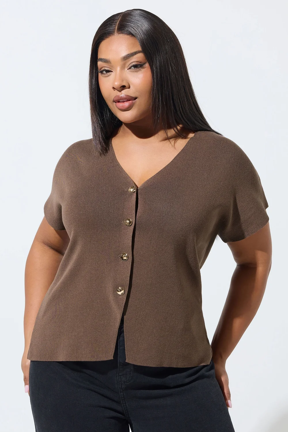Yours Limited Curve Chocolate Brown Short Sleeve Knitted Top - 30-32 Image 1