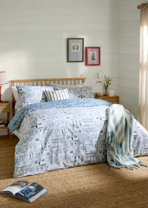 Wylder Abersoch Town Reversible 100% Cotton Sea Blue Duvet Cover Set - Single Image 1
