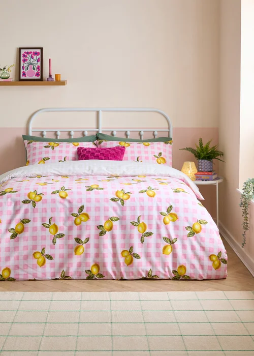 Heya Home Gingham Lemons Reversible Pink Duvet Cover Set - Single Image 1