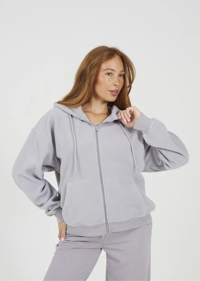 Brave Soul Light Grey Zip Through Polar Fleece Hoodie