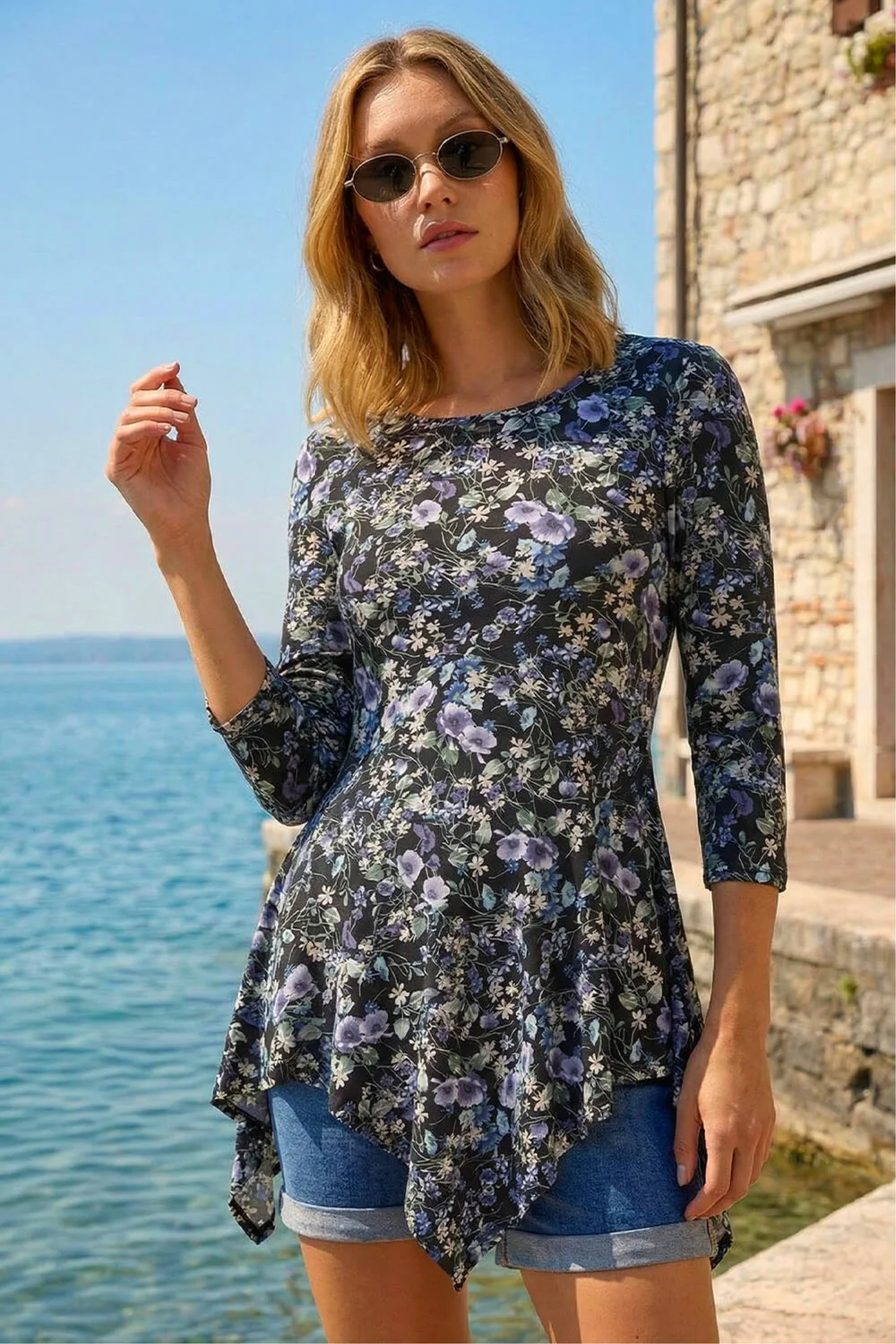 Roman Purple Floral Print Asymmetric Stretch Top - 12 Image 1