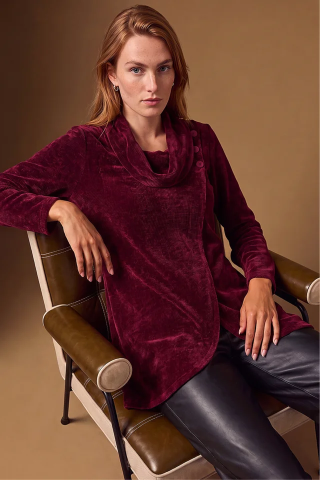 Roman Wine Chenille Cowl Neck Tunic Top