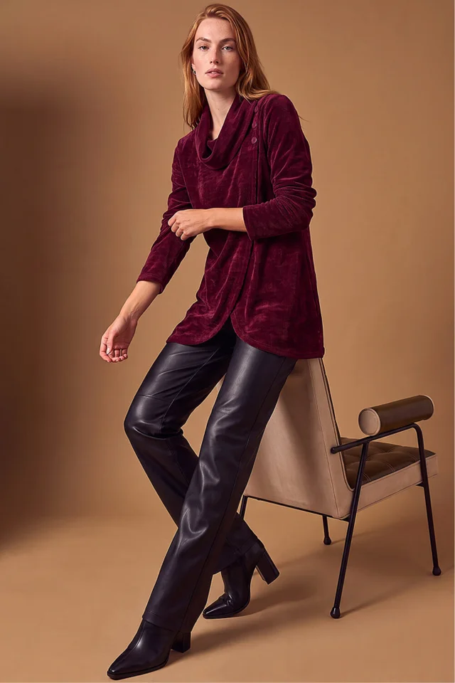 Roman Wine Chenille Cowl Neck Tunic Top