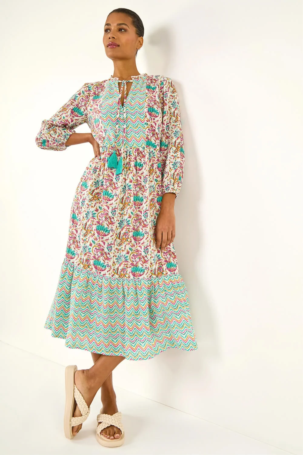 Roman Teal Tie Front Frill Midi Dress - 10 Image 1