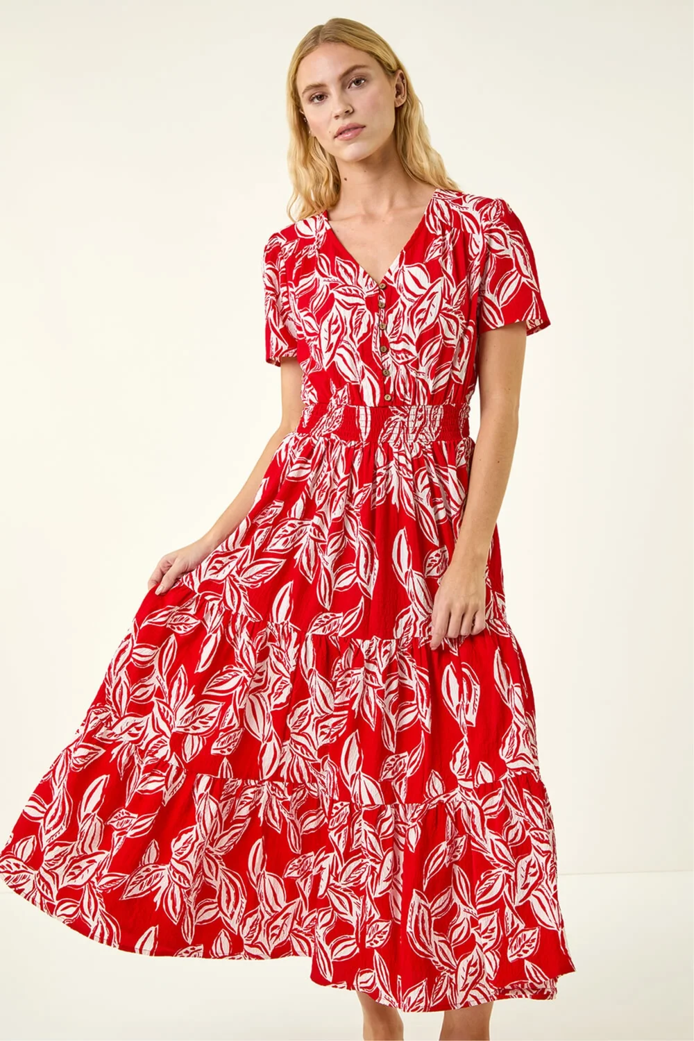 Roman Red Leaf Print Shirred Maxi Dress - 10 Image 2