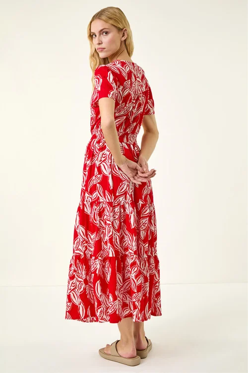 Roman Red Leaf Print Shirred Maxi Dress - 10 Image 3
