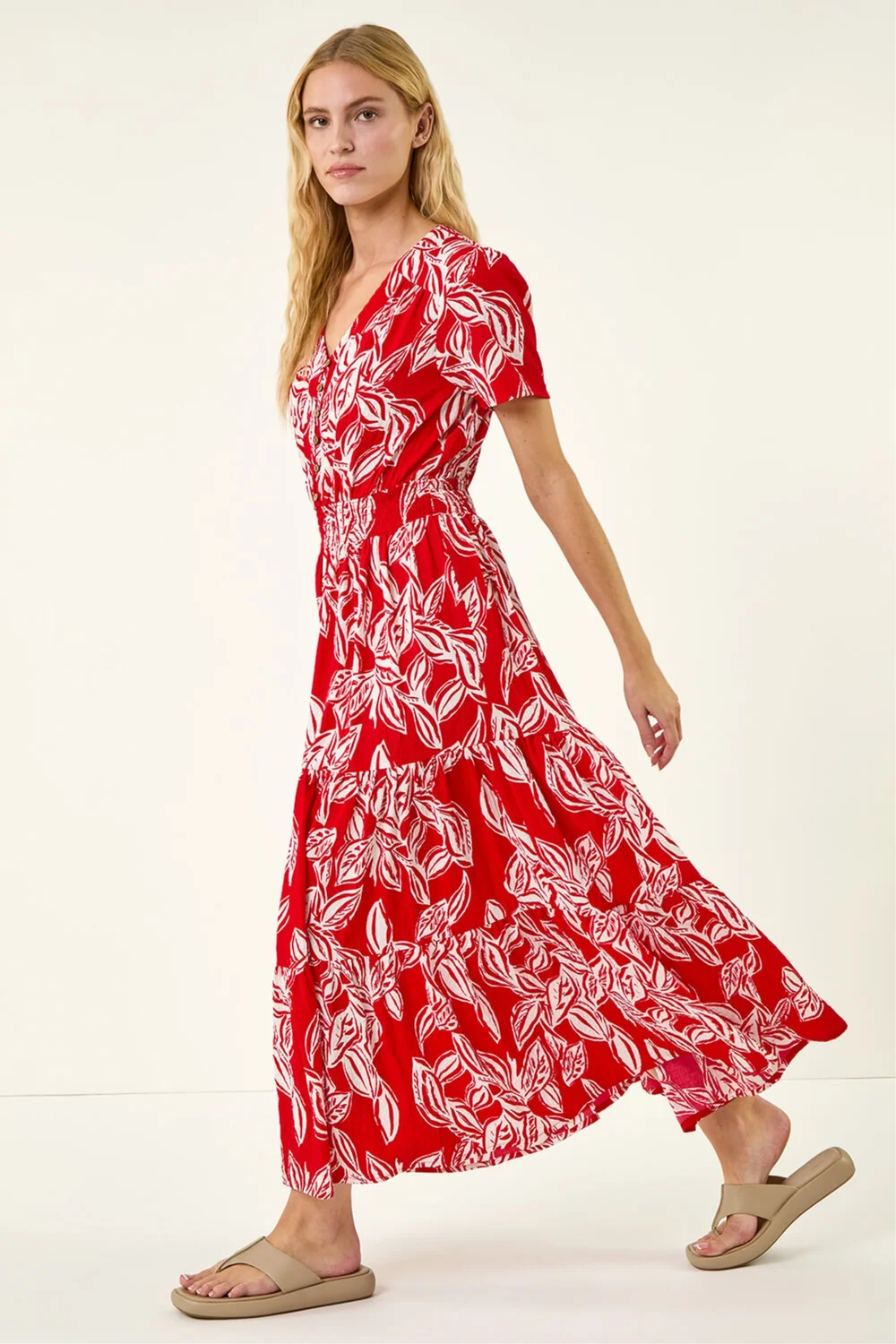 Roman Red Leaf Print Shirred Maxi Dress - 10 Image 1