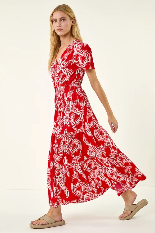 Roman Red Leaf Print Shirred Maxi Dress - 10 Image 1