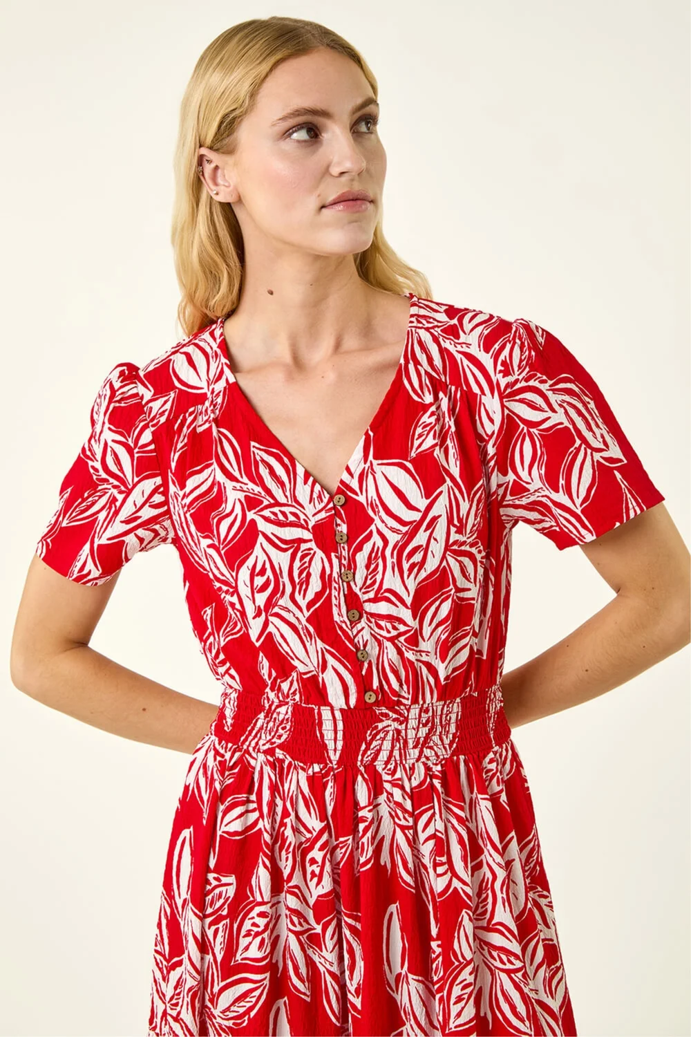 Roman Red Leaf Print Shirred Maxi Dress - 10 Image 4