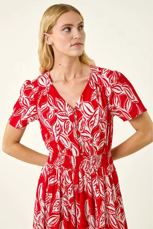 Roman Red Leaf Print Shirred Maxi Dress - 10 Image 4